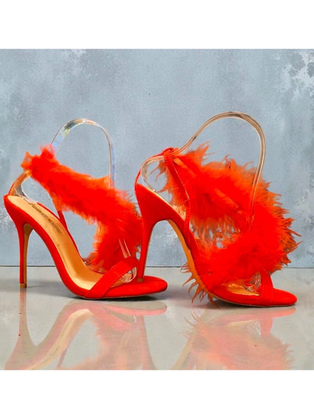 Bright Red Feathered High Heel Stiletto Open Toe Sandals With Dramatic Plume Acc